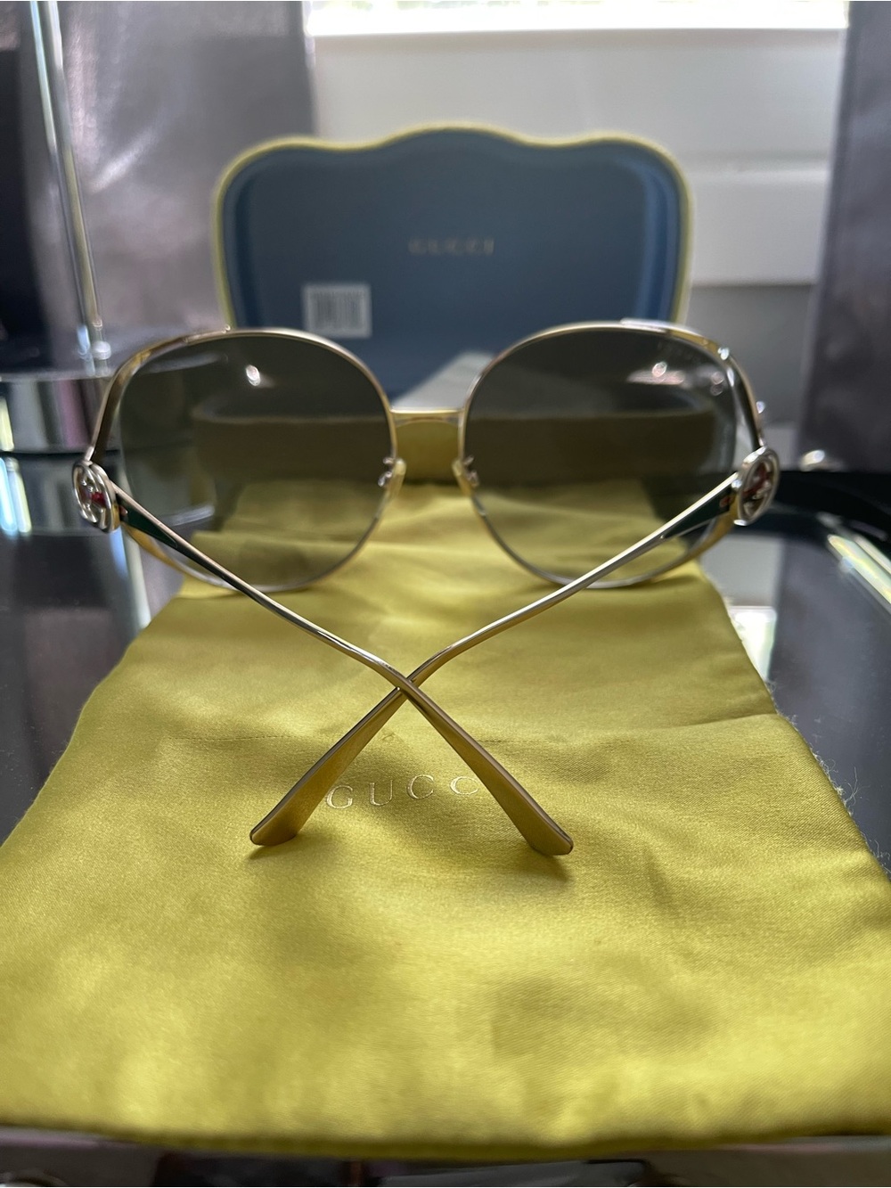 Gucci Gold Frame Sunglasses with Green Temple Stripes and Gradient Lenses - Picture 7 of 10